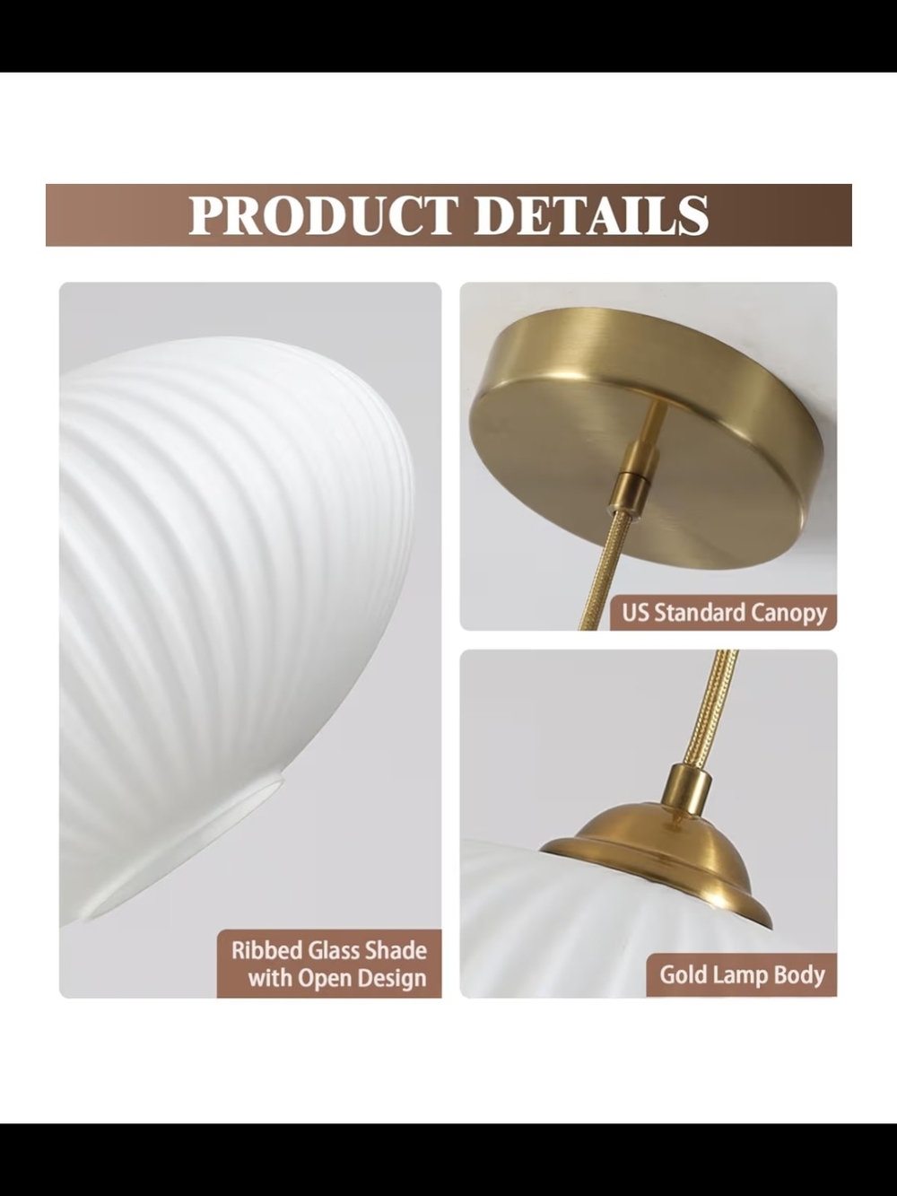 Mid-Century Modern Ribbed Glass Pendant Light in Warm White & Brass - Picture 4 of 5